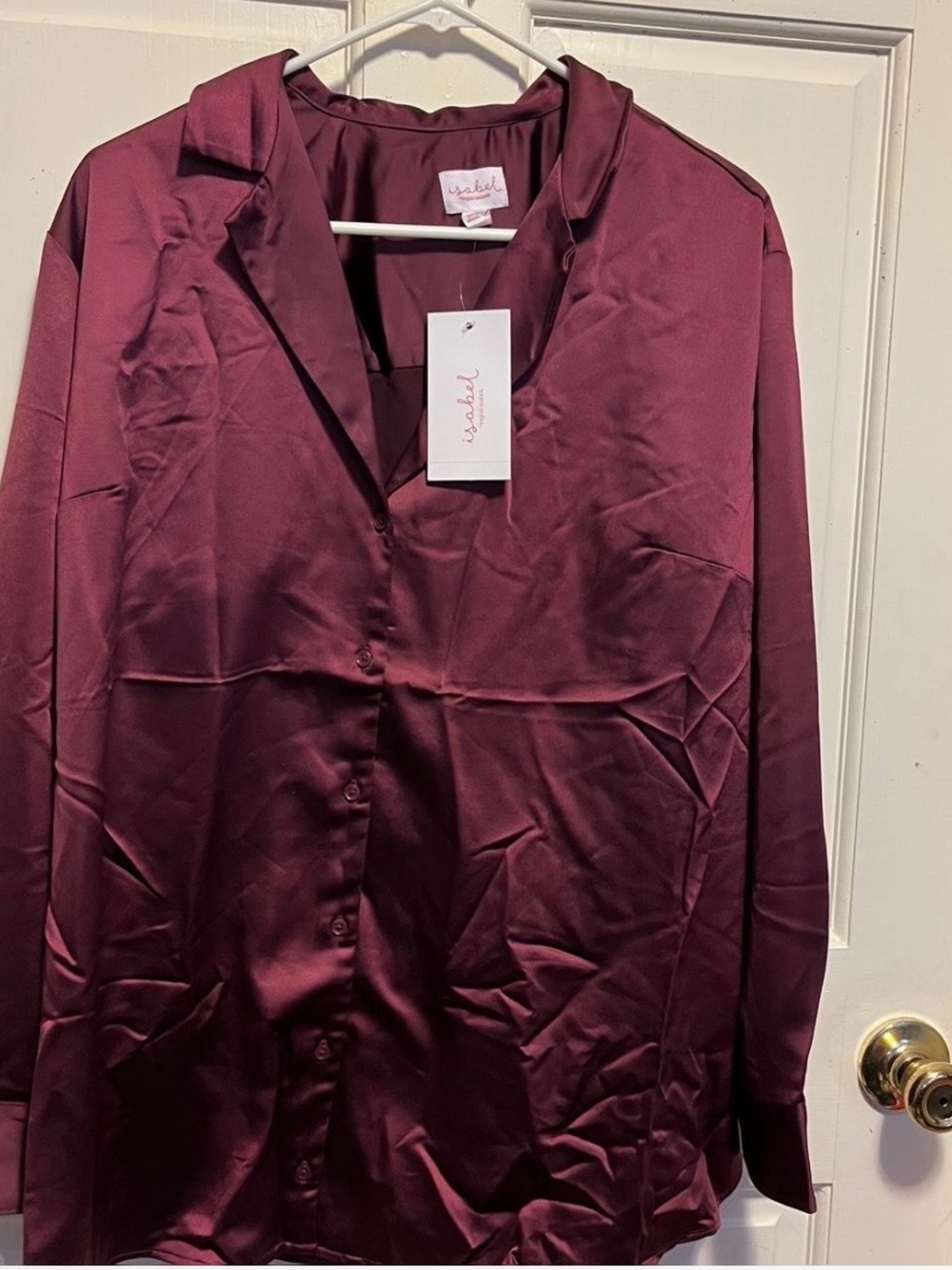 Isabel Maternity by Ingrid & Isabel Satin Button-Front Blouse — Wine